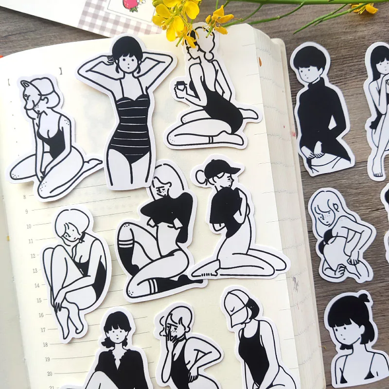 

Stickers 16pcs Cute Ins Wind Salt Line Cute Sexy Girl Handbook Diary Decoration Collage Material Vintage