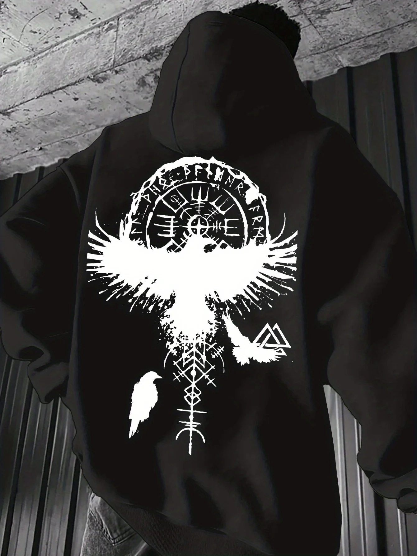 Edgy Myth‑Style Men Hoodie Splash Raven Viking Rune Symbol Back Graphic Print Autumn‑Winter Sweatshirt