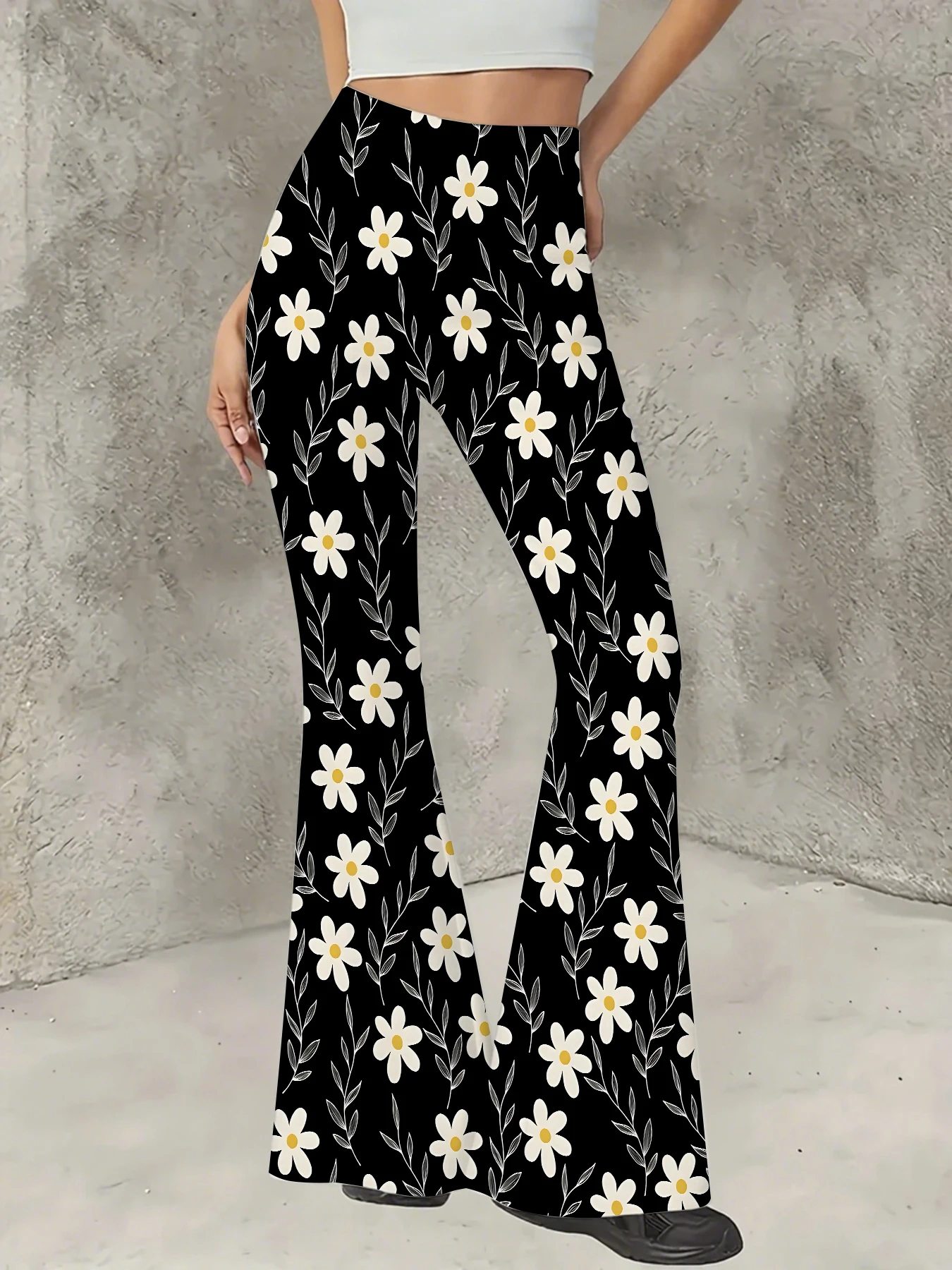 

Women's Print Flare Pants Casual High Waist Knit Bell Bottom Trousers Boho