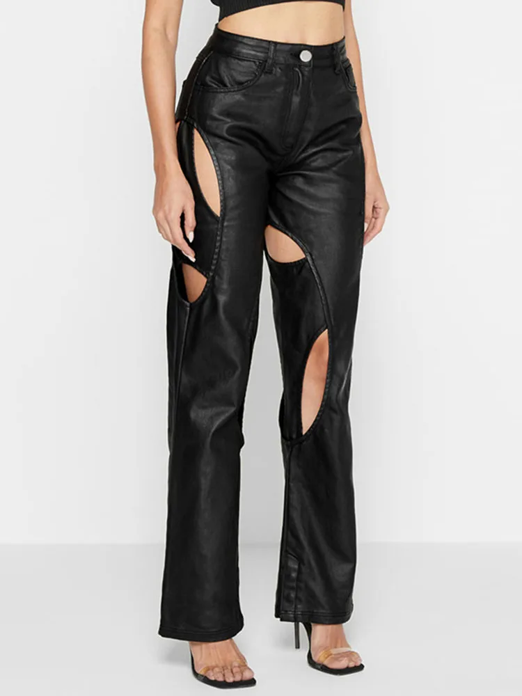 

Black Zipper Hollow Out Leather Pant For Women Clothes High Waist Straight Pantalones Mujer Streetwear Silm Fit Fashion Trousers