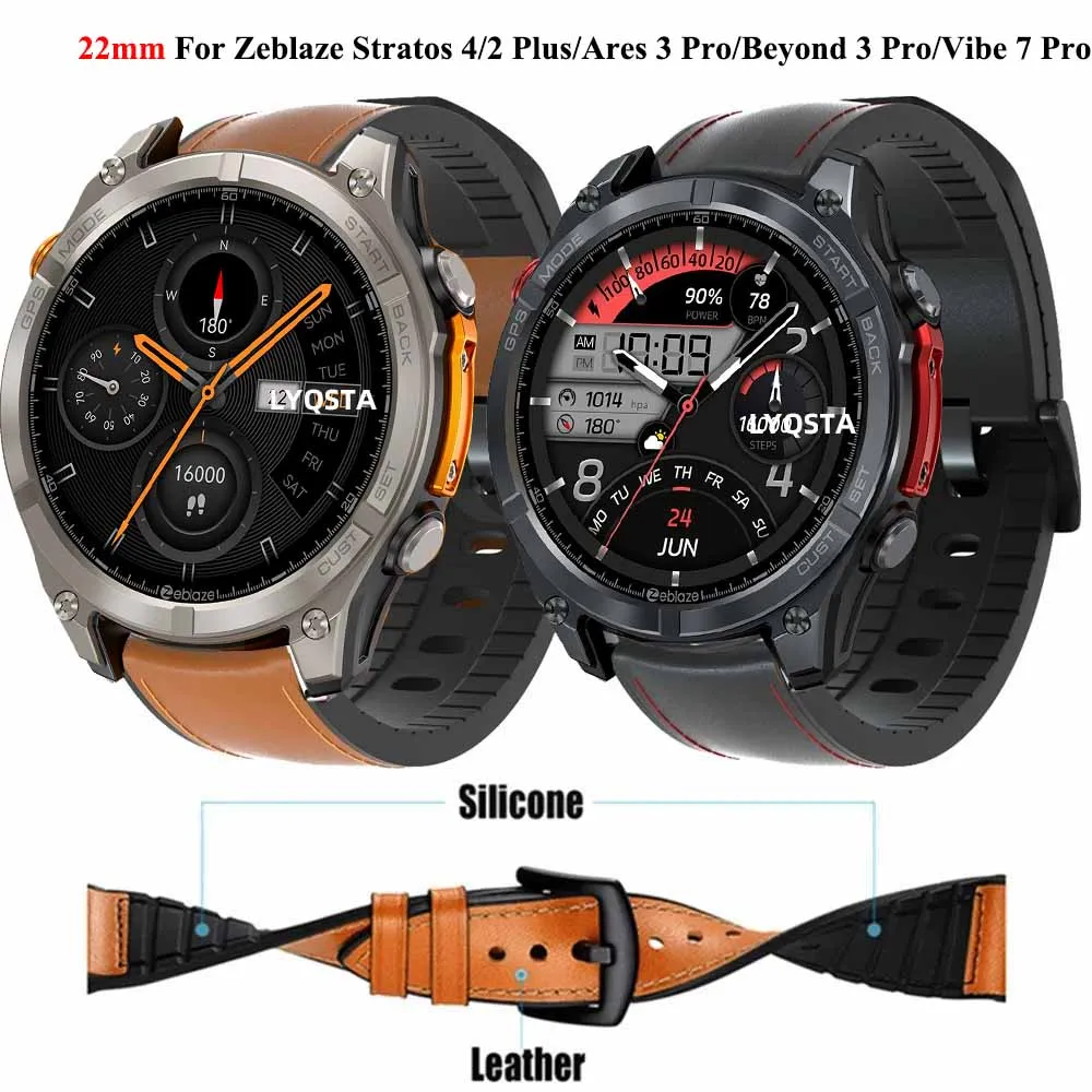 22 مللي متر ل Zeblaze ستراتوس 4 ثور الترا GTR 3 2 NEO 3 ستراتوس 2 plus حزام سيليكون + جلد ناعم ساعة ذكية سوار مقاوم للماء