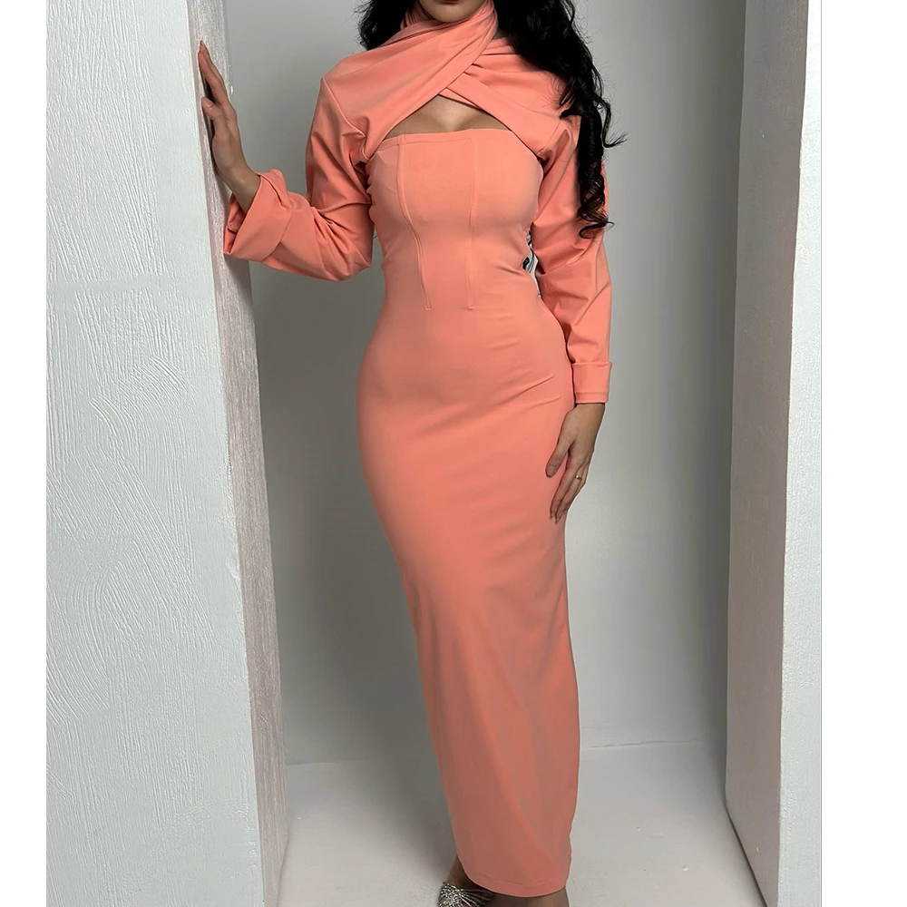 

Customized Modern Halter Long Sleeves Jersey Pleats Evening Dress Temperament Straight Photo Color Party Gown vestidos de fiesta