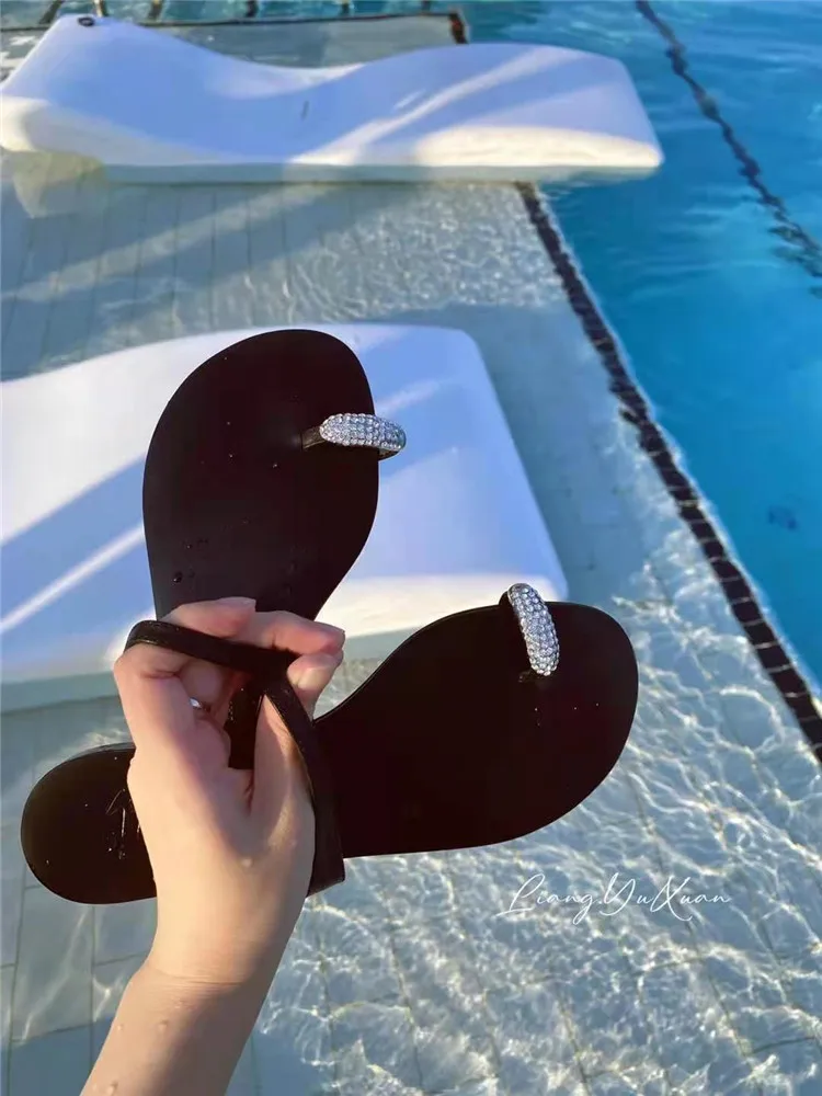 Fashionable Genuine Leather Sandals Flat Heel Diamond Toe Slippers Summer Outdoor Women Casual Versatile Slip-On Shoes