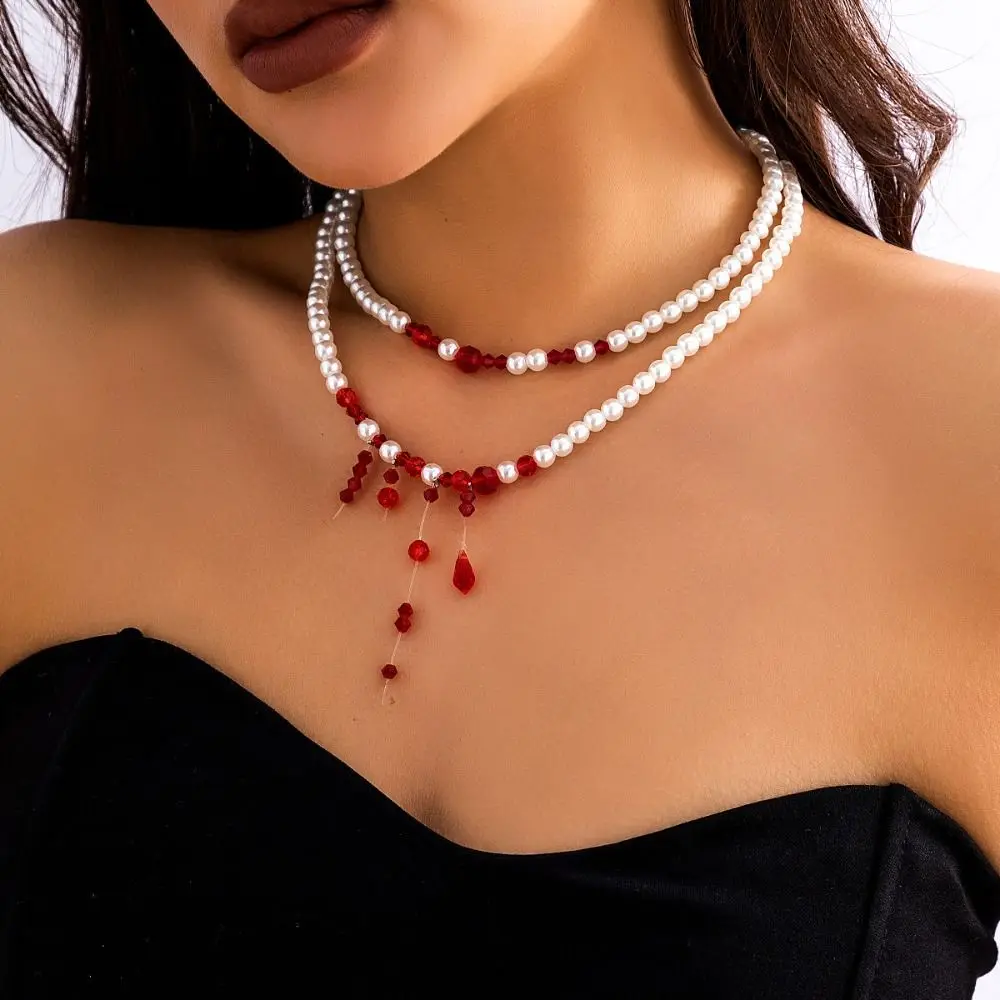 Imitation pearl Halloween Blood Pearl Necklace Halloween Jewelry Multilayer Necklace for Women/Halloween Party/Cosplay Prop