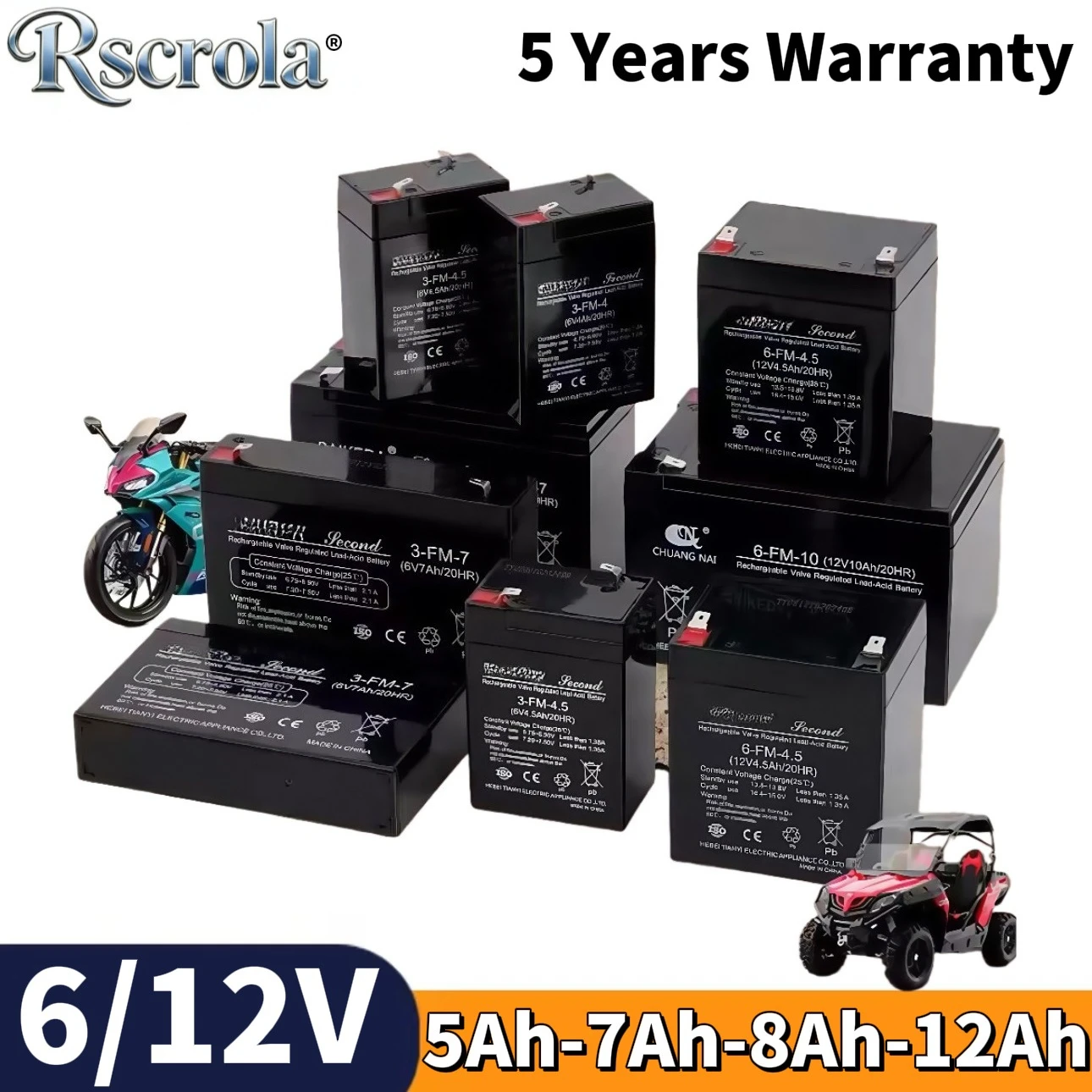 6V/12V Rechargeable Battery 5Ah 7Ah 8Ah 12Ah for Kids Electric Car Toy Motorcycle Baby Stroller Power Supply