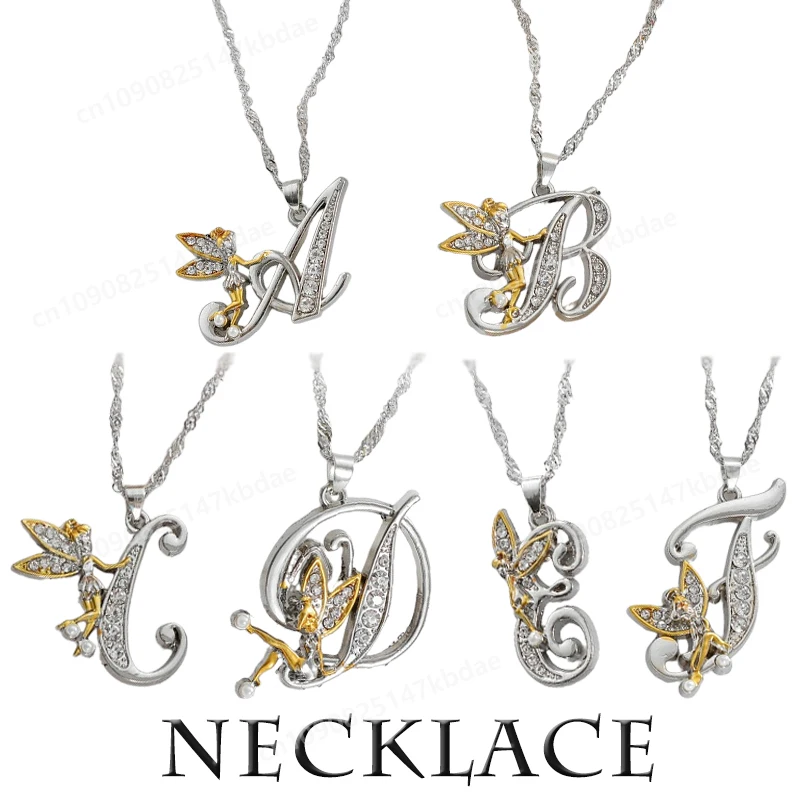 New Disney Fairy Alphabet A-Z Necklaces Cartoon Figure Fashion 26 Exquisite English Letters Personality Diamond-encrusted Gifts