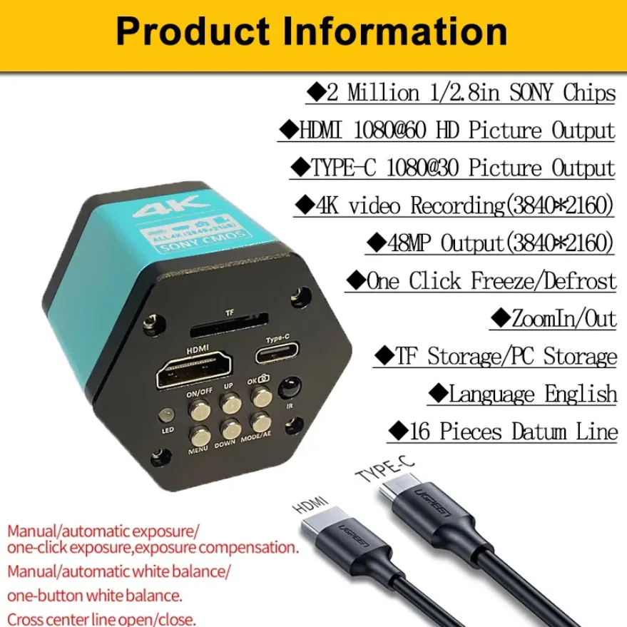 Imagem -06 - Microscópio Digital com Suporte Dobrável 4k 48mp Configurações Completas1080p tipo c Usb Hdmi Vga Eletrónica Câmara Industrial Zoom 150x Lente de Montagem c