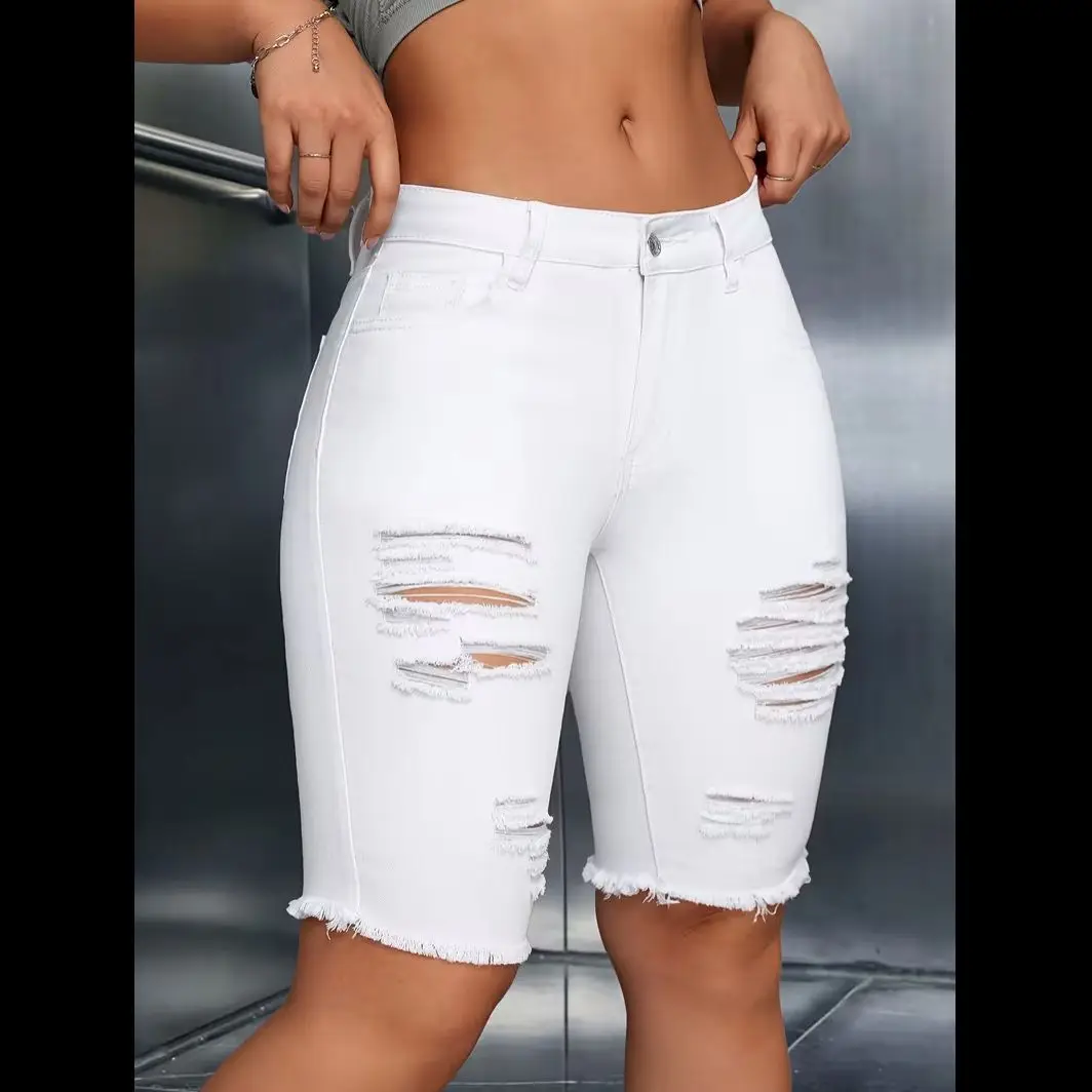 

European and American summer women's denim shorts trendy high street ripped hole slim fit casual slimming frayed shorts