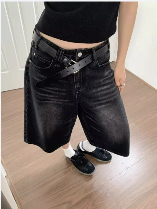 

Harajuku Vintage High Waist Black Retro Washed Denim Shorts Women's Fashion Casual Loose Fit Y2K Streetwear Mid Long Short