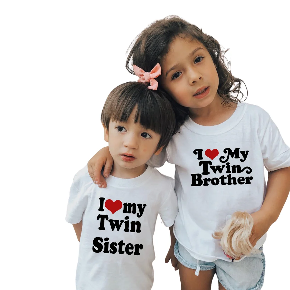 

I Heart My Twin Sister Brother Print Boys Girls Tops Short Sleeve O-neck Children Casual Child T-shirt Kids Clothes