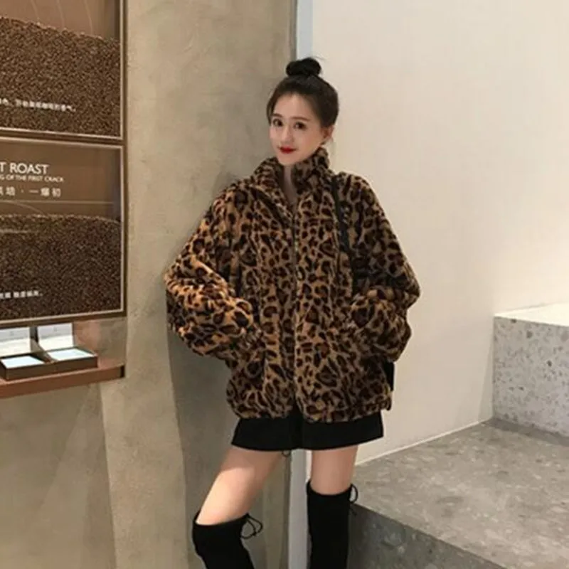 Winter Leopard Print Jacket Women's Stand collar Warm Parkas Outwear 2024 New Autumn Winter Korean Female Loose Faux Fur Coats