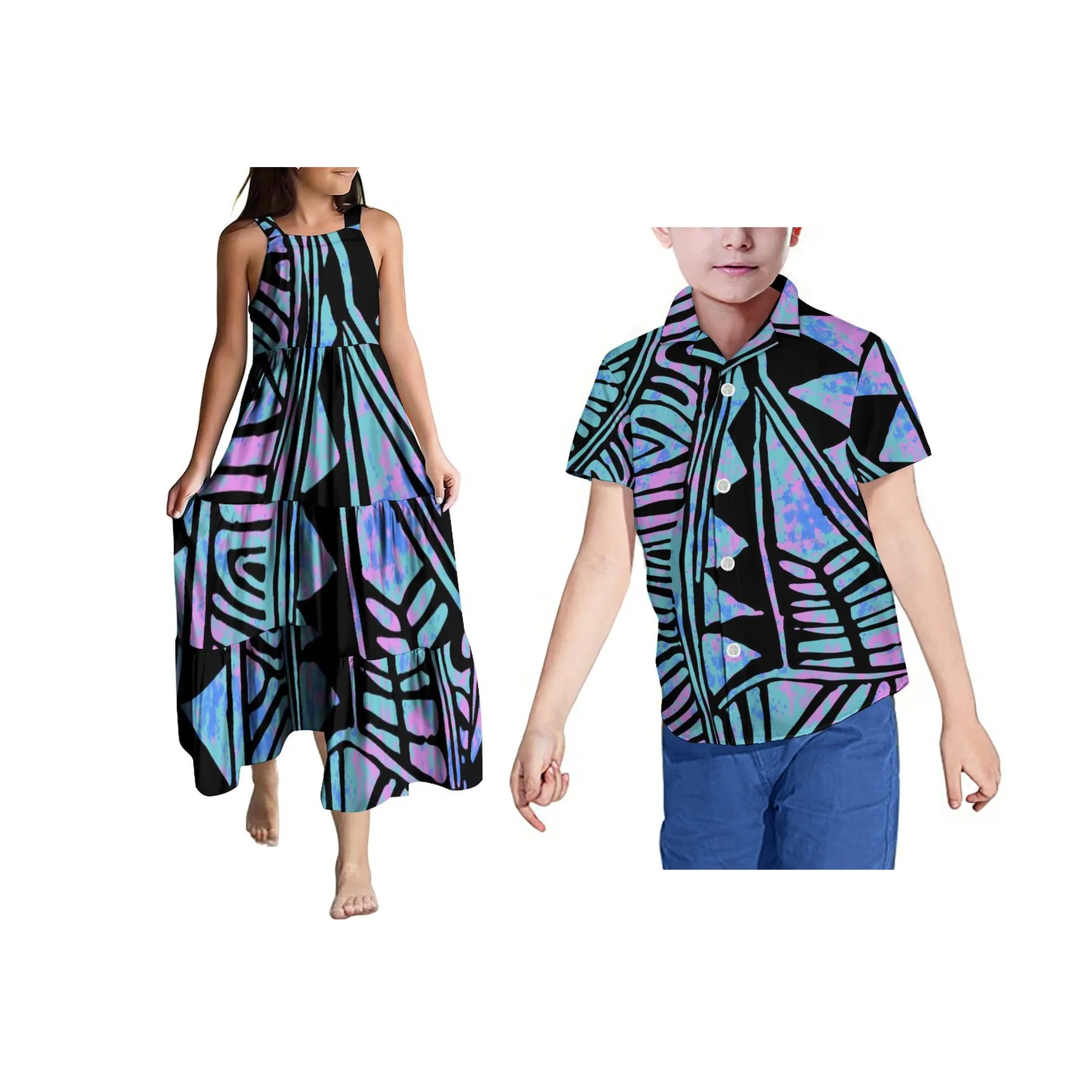 Nova chegada samoan polinésia tribal criança impressão crianças vermelho topo estilingue vestido personalizado em camadas deslizamento meninas sem mangas vestido longo