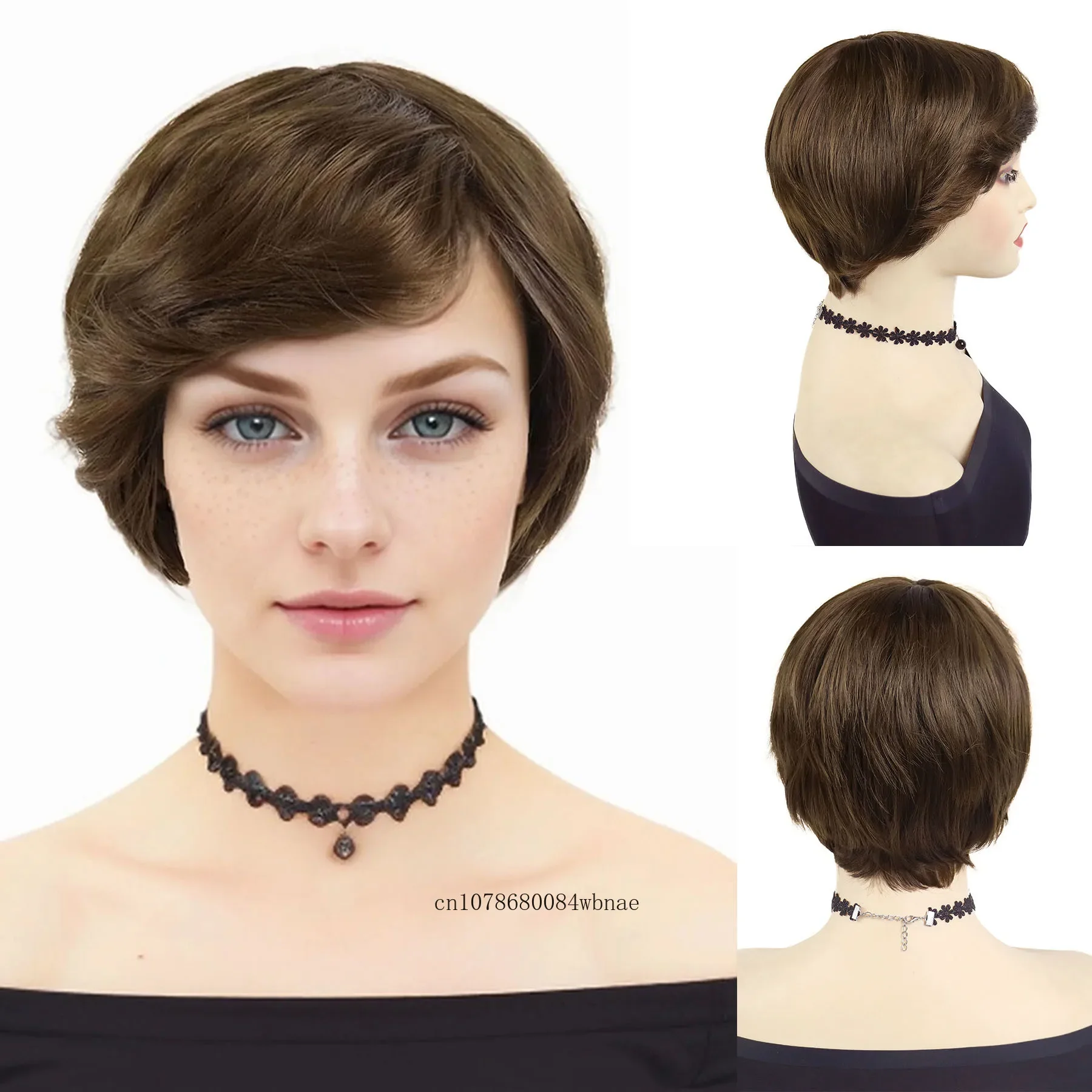 Synthetic Hair Short Brown Pixie Wigs with Flip Bangs for White Women Layered Cut Natural Straight Wig Heat Resistant Daily Use