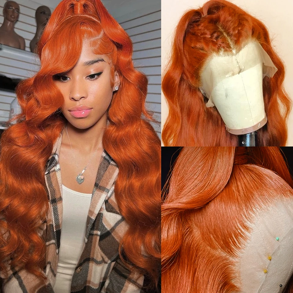 13x4 13x6 180 Density Transparent HD Lace Front Wig for Women Body Wave Remy Human Hair Ginger Orange Color Glueless