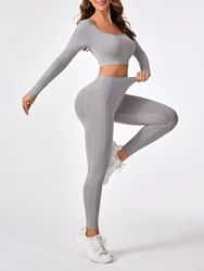 2 Pieces Long Sleeve Yoga Pilates Sports Suits Quick Dry Elastic Slim Fit Tracksuit Fitness Workout Breathable Activewear Set