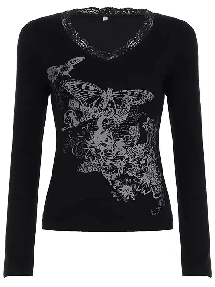 

Vintage Y2k Dark Slim Tops Women Long Sleeve gothic design Print Hot Chick Lace T-shirt fashion retro Casual Clothing 2025 new