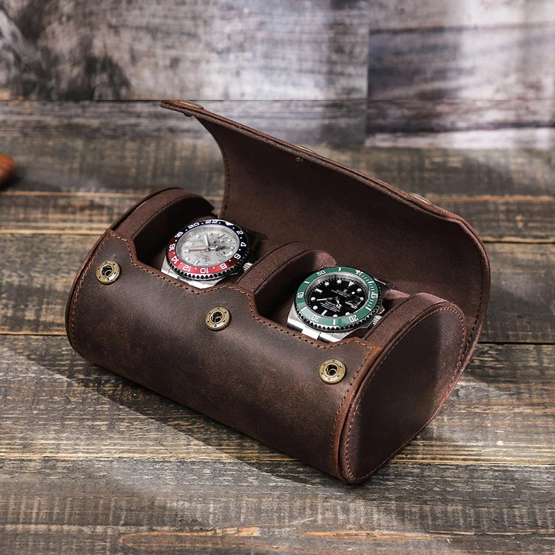 

Чехол для хранения часов с 2 слотами, винтажный коричневый портативный ящик для часов из натуральной яловой кожи с пряжкой для путешествий и коллекции