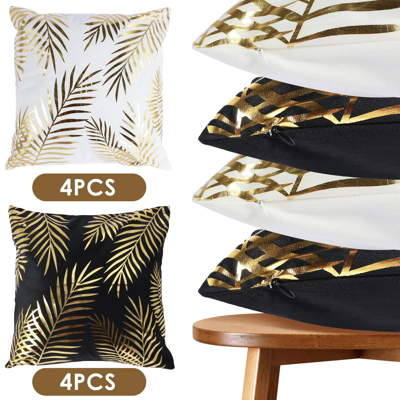 

Set of 4 Throw Pillow Covers 18x18 Inch Gold Foil Stamping Leaves Pillow Covers Breathable Short Plush Throw Pillow Cases