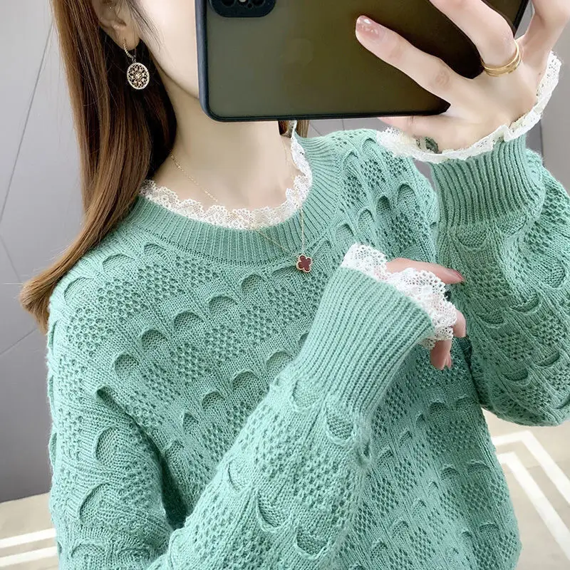 Sweet Fashion Spring/Summer Thin Women\'s Solid O-Neck Hollow Out Lace Patchwork Korean Casual Long Sleeve Pullovers Knitted Tops