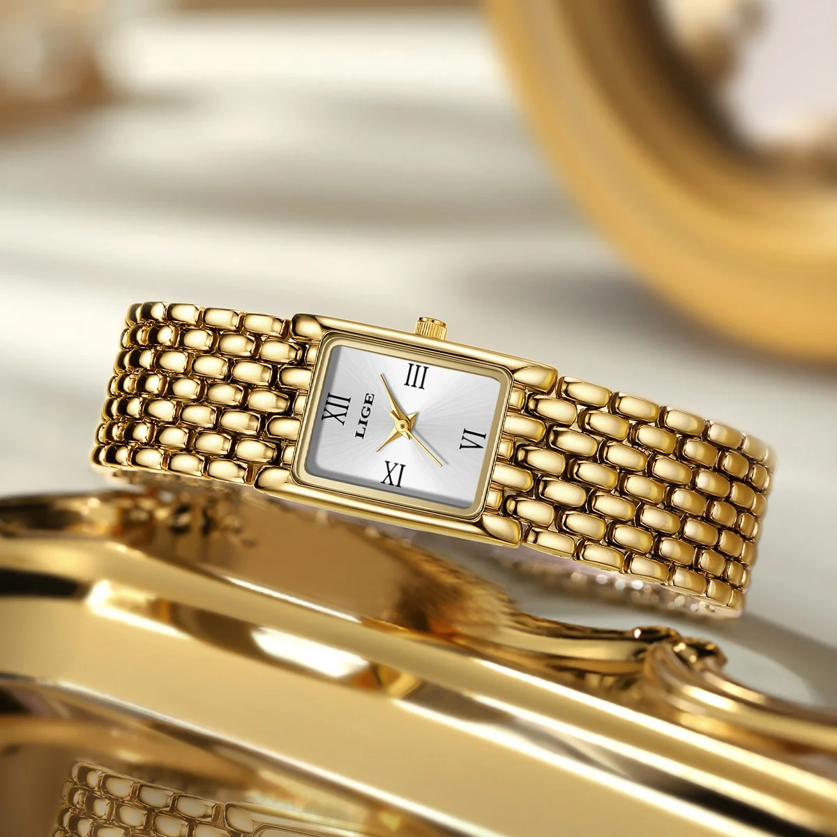 LIGE, nuevos relojes elegantes para mujer, relojes de pulsera de cuarzo cuadrados pequeños, reloj de lujo de acero inoxidable dorado para mujer, relojes de regalo de moda