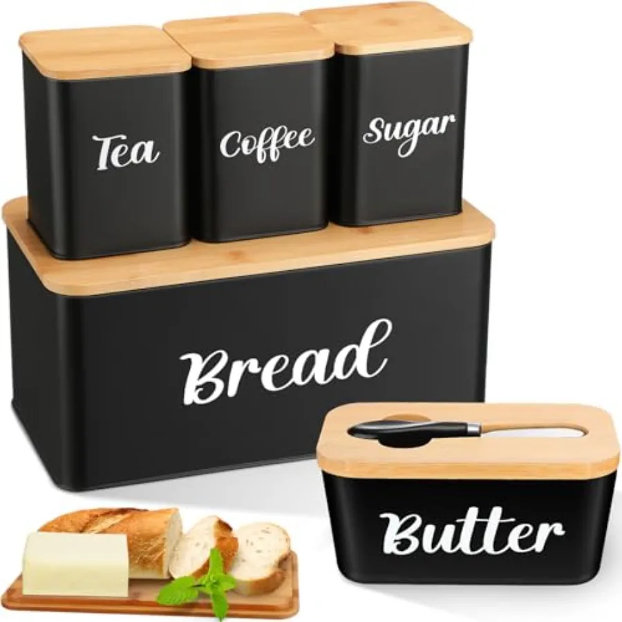 

Metal Bread Box and Ceramic Butter Dish with 3 Airtight Kitchen Canisters Farmhouse Storage Canister Set for Kitchen with Bambo