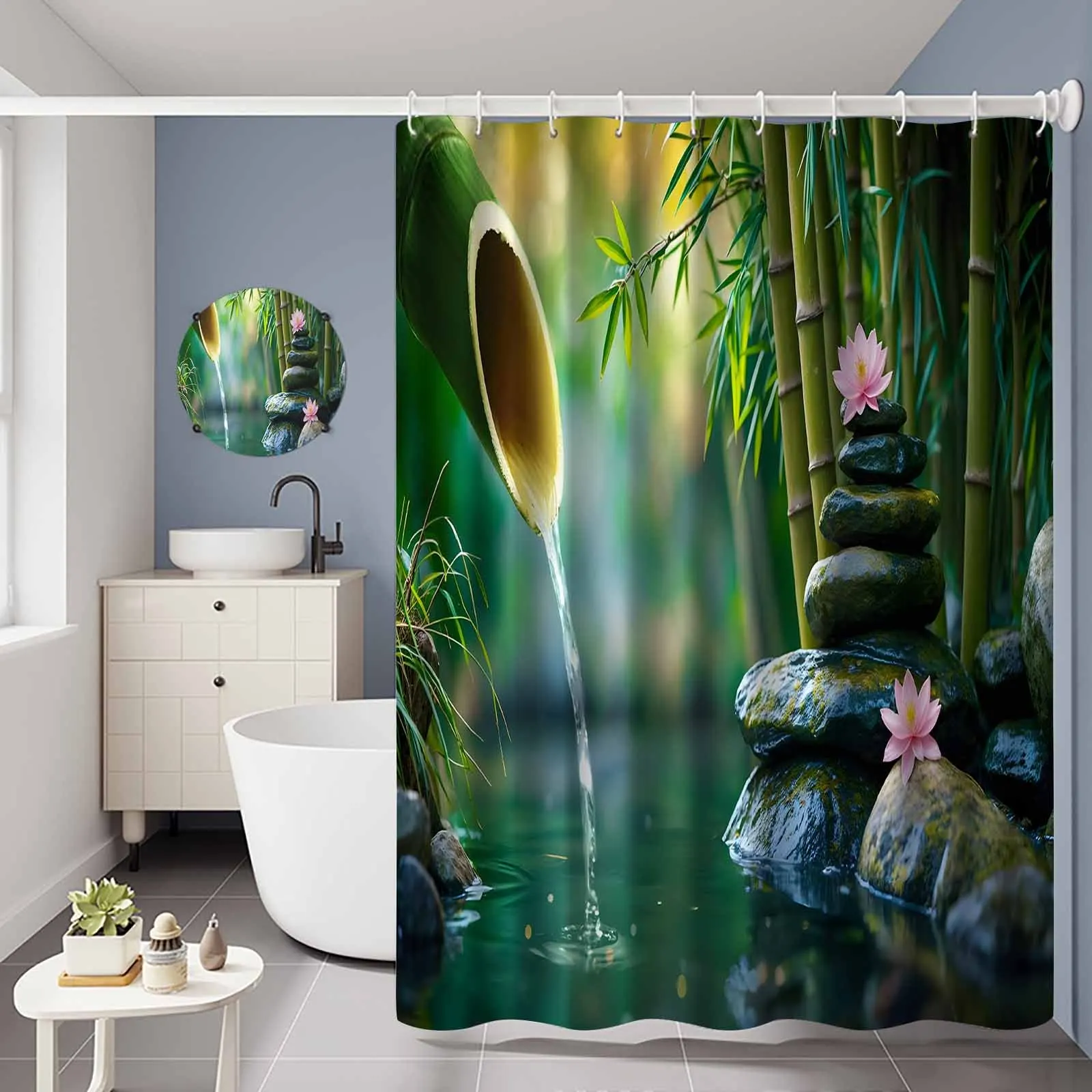 Zen Bamboo & Lotus Shower Curtain, Tranquil Water Spa Pattern Waterproof Bath Curtain, Relaxing Nature Bathroom Decor Art