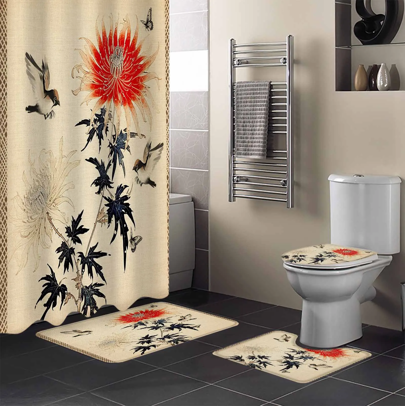 Chrysanthemum Bird Butterfly Retro Shower Curtain Non-Slip Rugs Toilet Lid Cover and Bath Mat Bathroom Curtains with Hooks