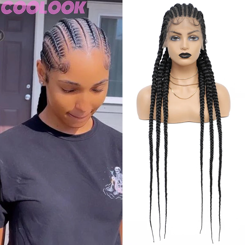 Synthetic 36inch Knotless Braided Full Lace Wigs Black Distressed Silky Braid Lace Frontal Wig Cornrow Lace Front Box Braids Wig