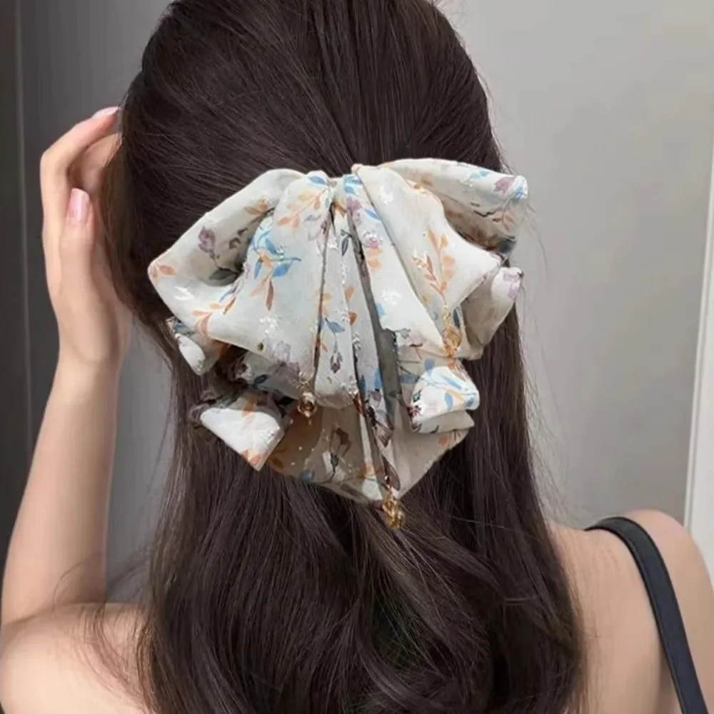 

Fashion Floral Ponytail Claw Clip Bow Tie Fluffy Chiffon Half-Up Hairclip Hair Accessory For The Back of The Head