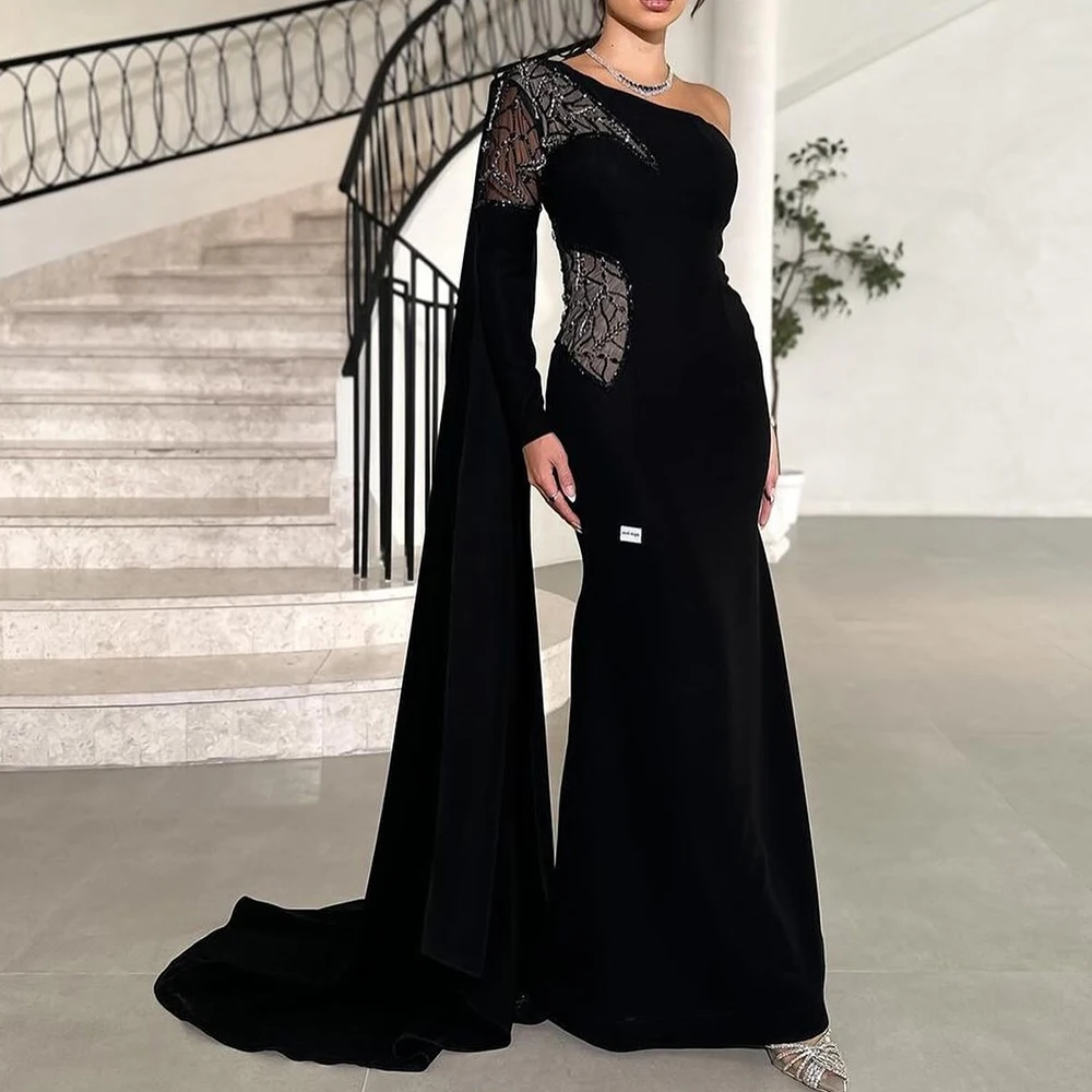 Fashion Jersey Straight One Shoulder Crystal Evening Dress Long Sleeves Floor Length Watteau Train Black Bespoke Occasion Gowns