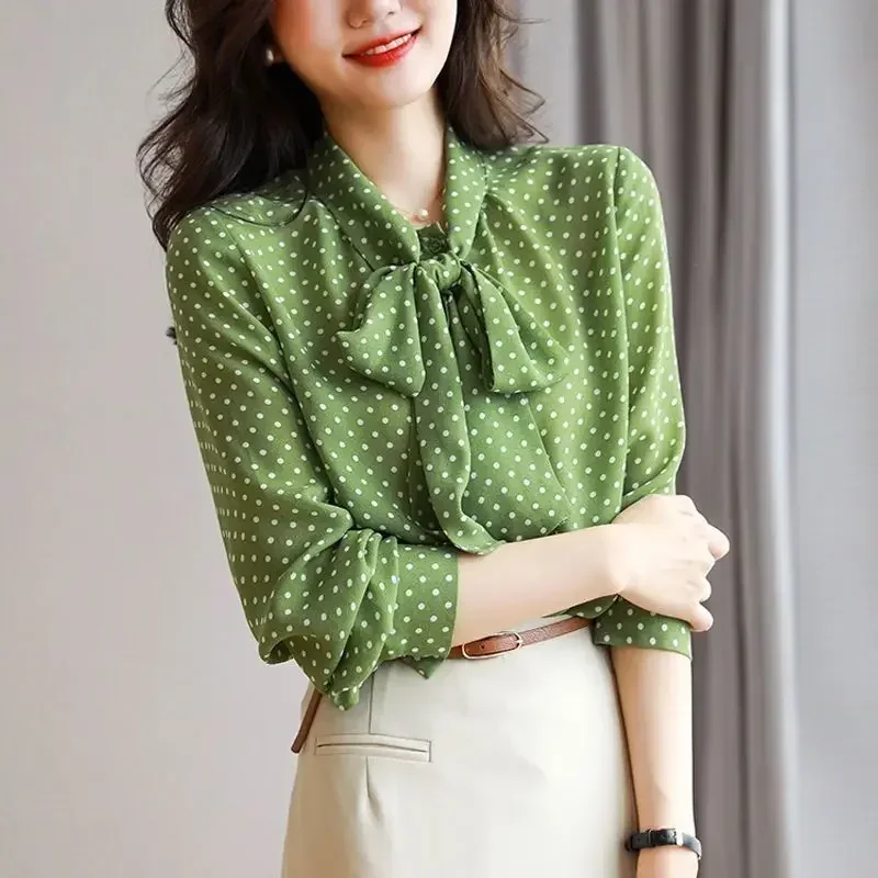 2023 Spring Autumn New Shawl Collar Long Sleeve Blouse Women Bow Polka Dot Printing Cardigan Fashion Elegant Thin Style Shirt