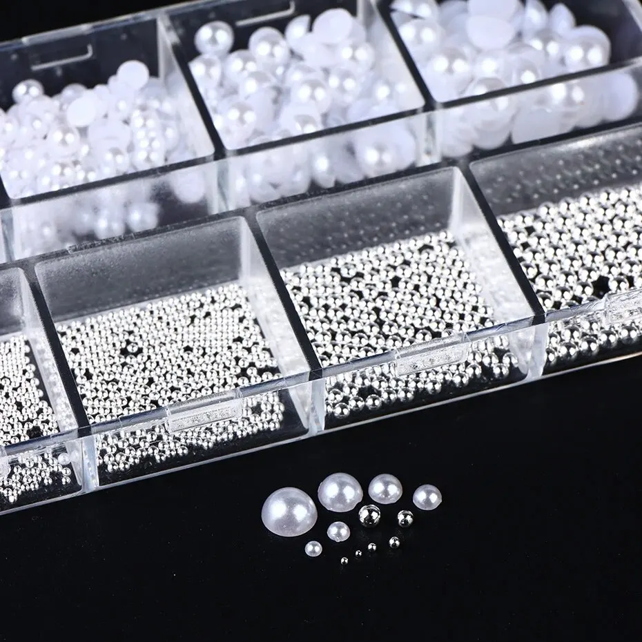 12 Grids White Pearls Nail Charms Caviar Beads Decorations Half Pearls Nail Jewelry Parts DIY Ornaments Manicure Accessories