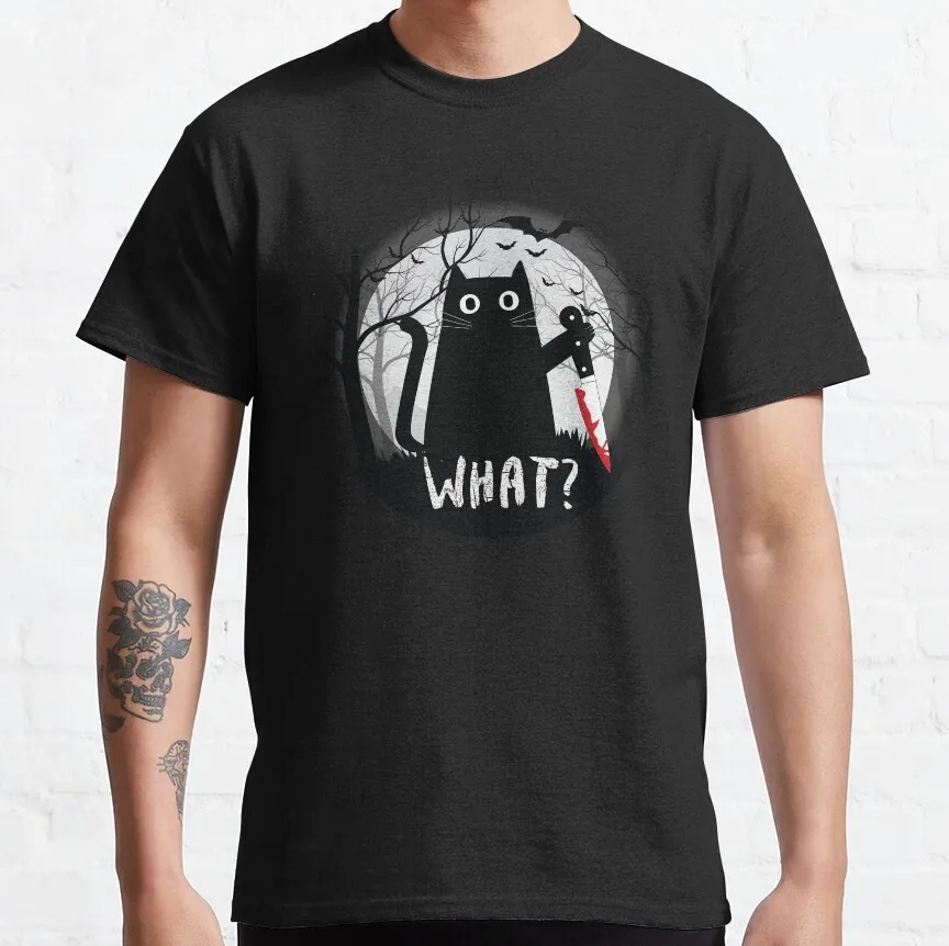 

What cat, Funny Murderous Black Cat With Knife Gift t shirt for Cat lover 100% cotton tee Short sleeve Graphic clothes S-6XL