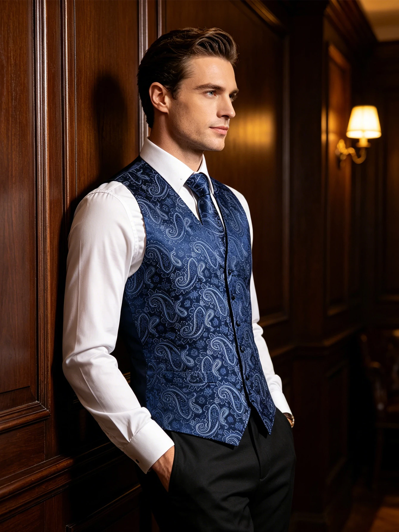 Royal Blue White Paisley V-Neck Waistcoat 4-In-1 Set Tie Square Cufflinks For Formal Conference Wedding Guest