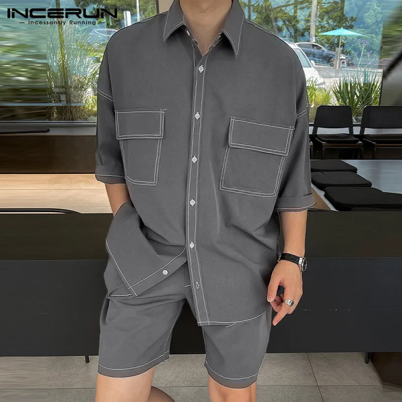 INCERUN 2024 Korean Style Men\'s Sets Line Splicing Design Short Sleeved Shirt Shorts Casual Streetwear Male Two-piece Sets S-5XL