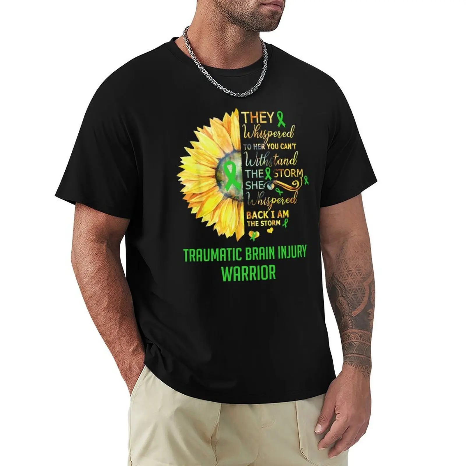 

Traumatic Brain Injury Awareness Warrior Support Survivor Green Ribbon Gifts T-Shirt luxury designer summer top Men's t-shirt