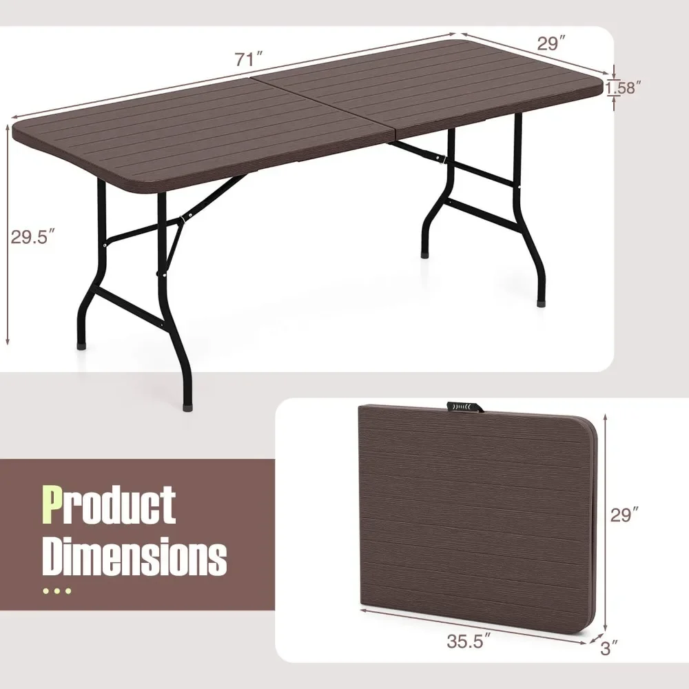 6 ft Portable Folding Table w/ Wood Grain HDPE Tabletop Safe Lock Mechanism view 2