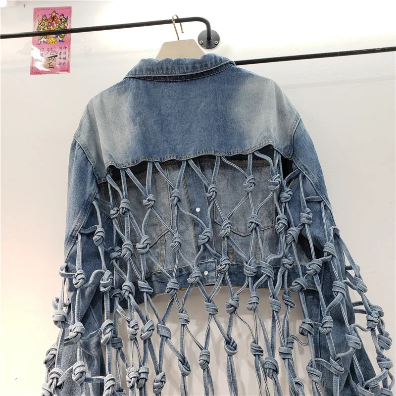 Spring Women Vintage Blue Short Denim Coat Back Cowboy Tassel Hollow Out Design Loose Streetwear Lapel Long Sleeve Jeans Jacket - Image 3