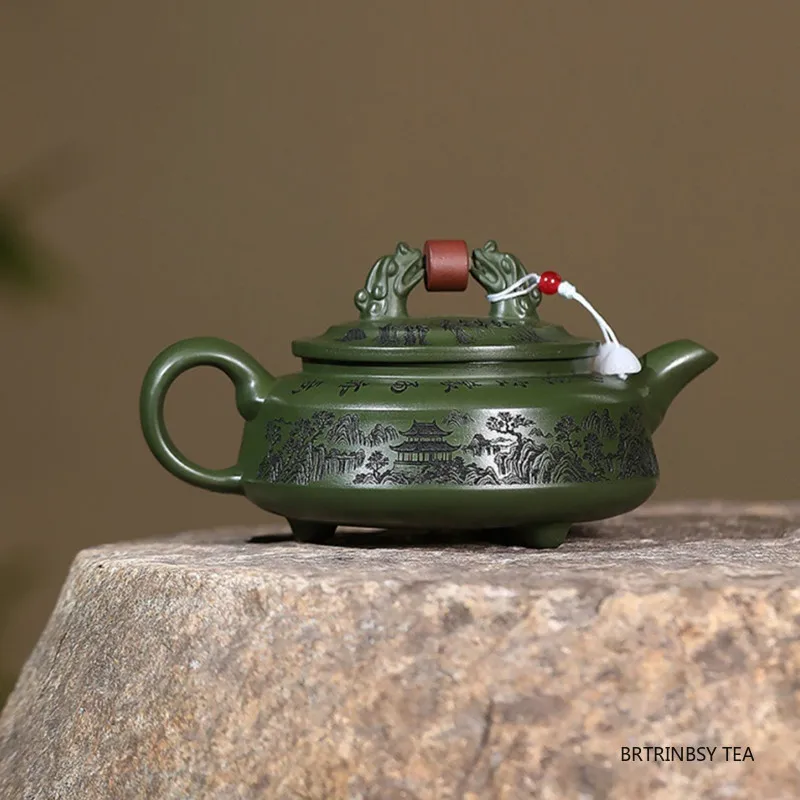 الصينية ييشينغ الأرجواني الطين إبريق الشاي الخام الخام الأخضر الطين براد شاي اليدوية المشهد غلاية أدوات الشاي المنزلية Zisha طقم شاي 260 مللي