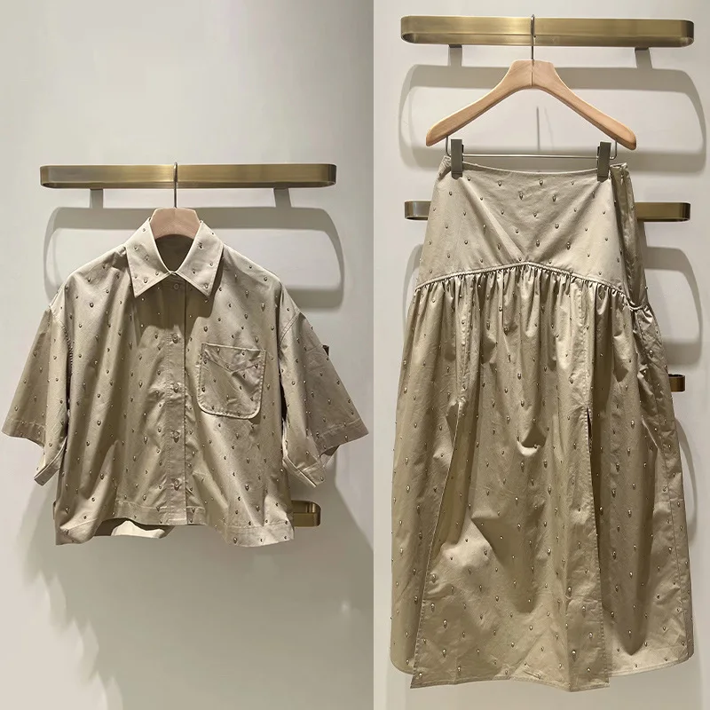 

Spring/Summer Women Rivet Turn-down Collar Solid Set Half Sleeve Single Breasted Shirt + High Waist Midi Skirt Elegant Suit