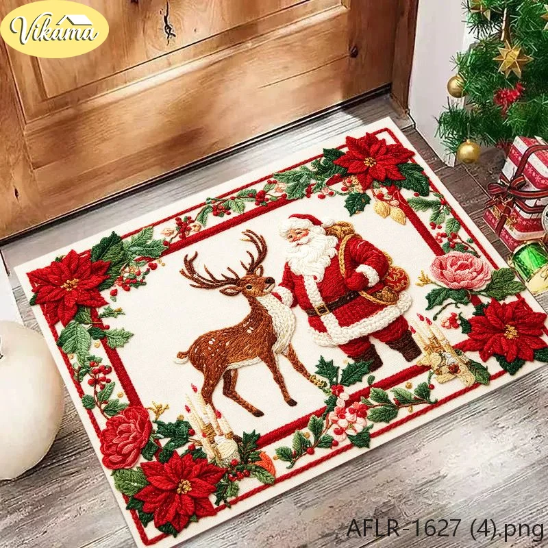 VIKAMA Retro Santa Reindeer Christmas Rug Embossed Embroidery Style Non-Slip Absorbent Floor Mat, Winter Holiday Home Decor Gift