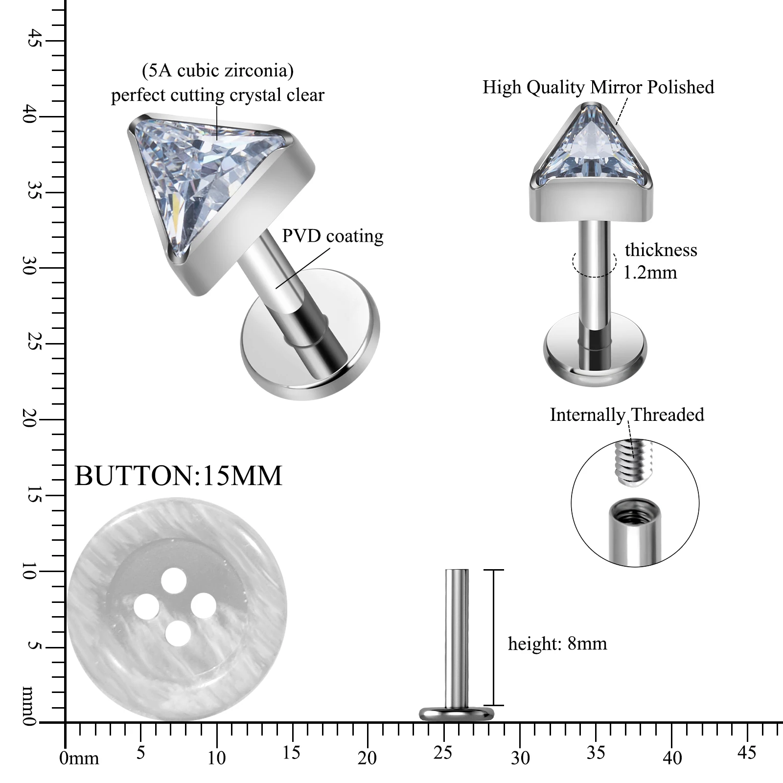 ASTM F136 Titanium EAR PIERC Triangle zirconia Paved Top Threaded Labret Studs Tragus Earrings Lip Tongue Stud Piercing Jewelry