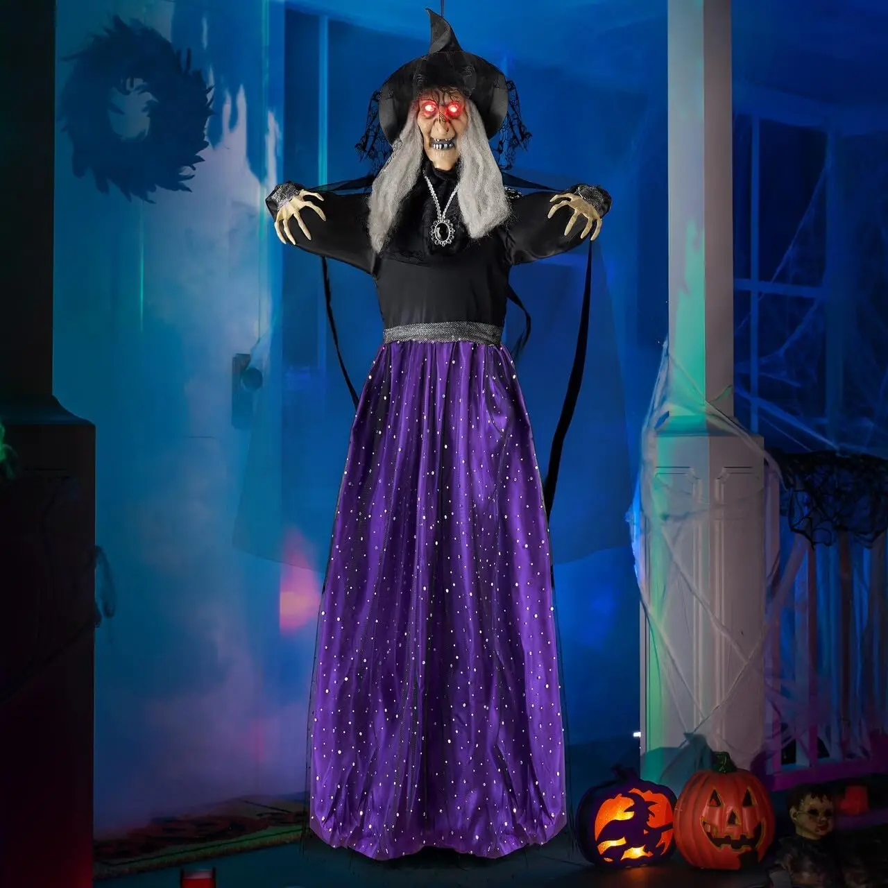 Witch Decor Scary Halloween Animatronics, Hanging Talking Witch Sound Activated Led Lights Eyes Haunted House Yard Garden Lawn