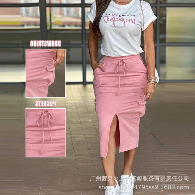 Heart Print Top & Slit Pocket Skirt Set Women Two Piece Sets Round Neck Y2k Club Tops Long Skirts Drawstring High Waist Elegant