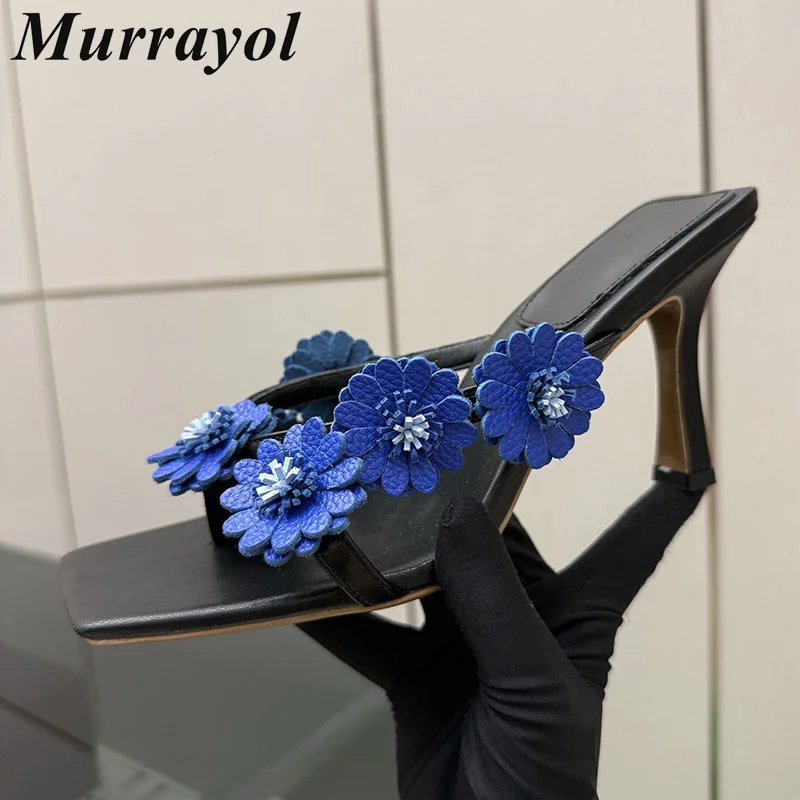 Slippers Thin High Heels Women Real Leather Narrow Band Flower Decor Sandals Lazy Sandalias Mujer Summer Sexy Party Dress Shoes