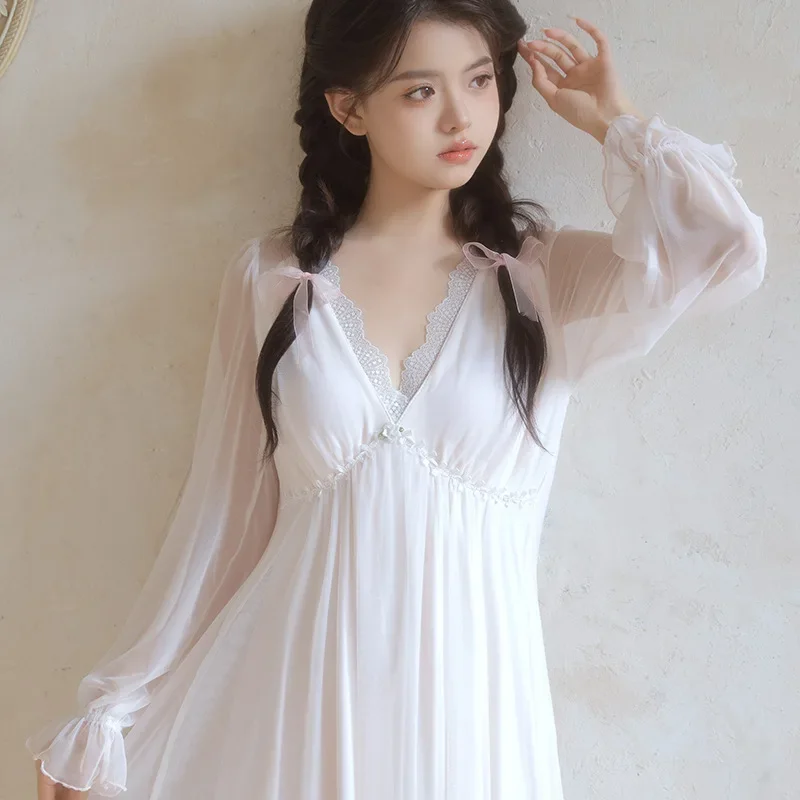 

Women Sexy Lace V-neck Nightdress Spring Full Sleeves Modal Nightgowns Princess Sweet French Nightie Sleepwear New Arrival