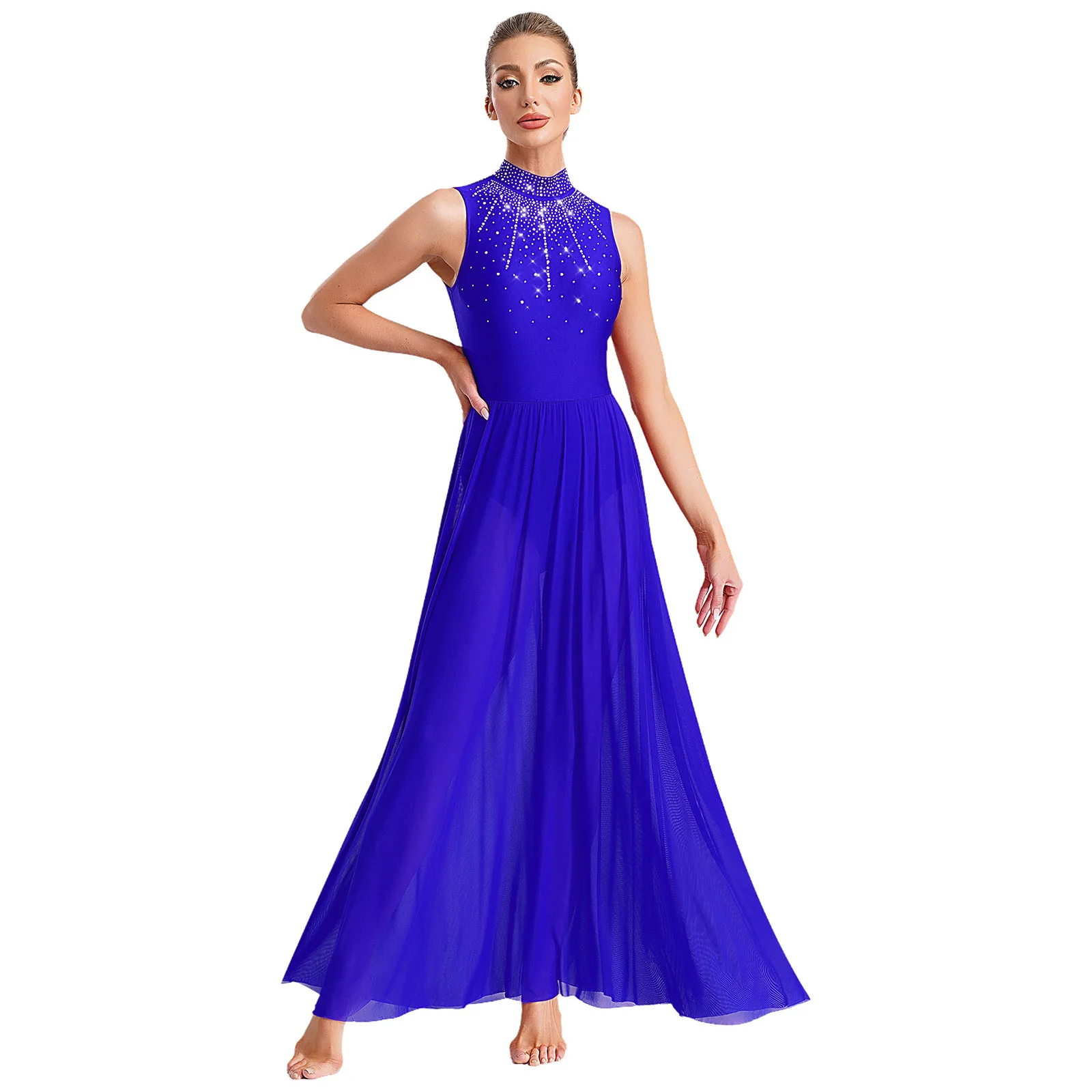 

Womens Sleeveless Lyrical Dance Dresses Cutout Back Wide Hemline Rhinestones Dress Modern Performance Dancewear for S-XL Size