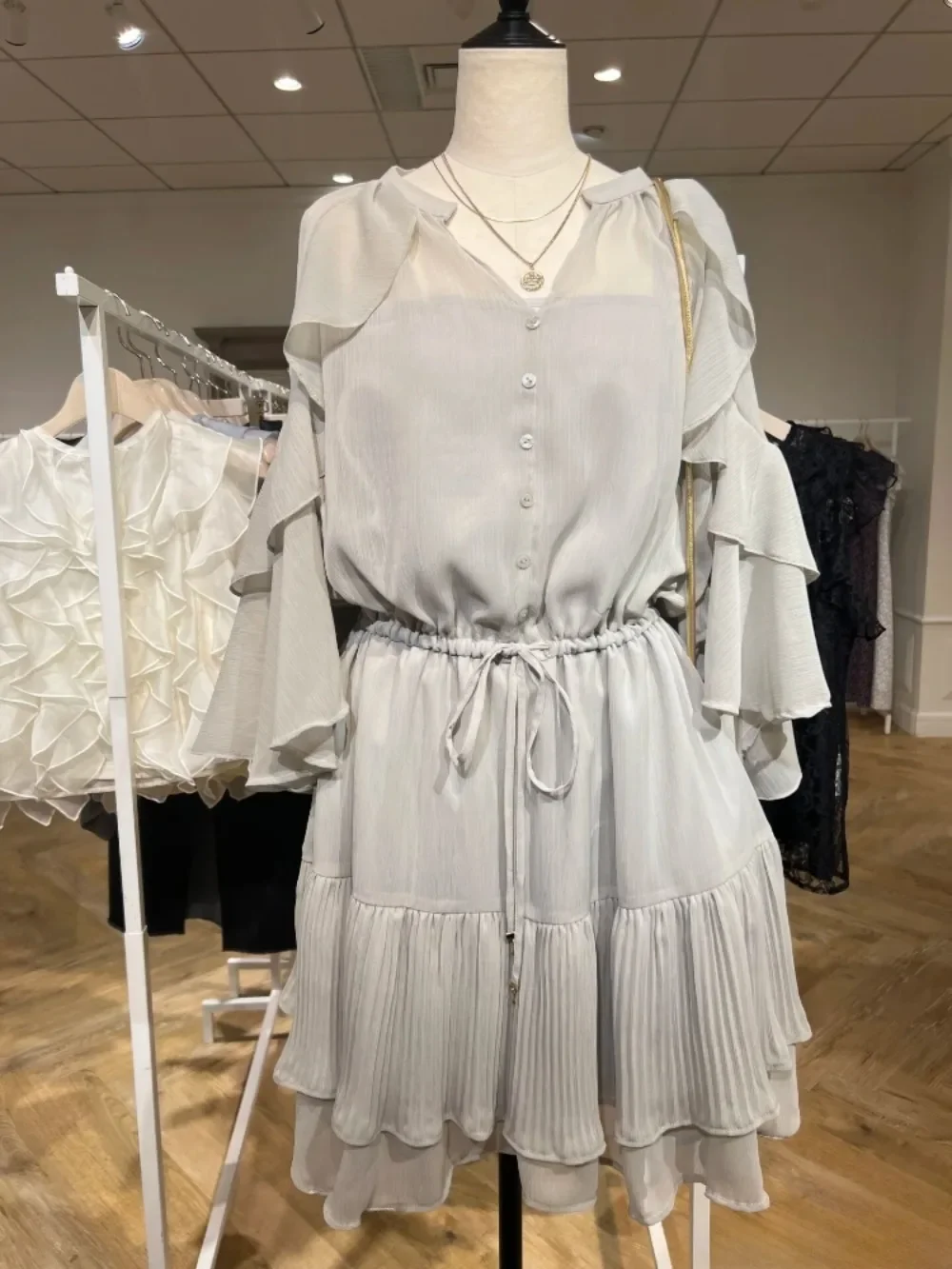 

Fairy Solid Chiffon Dress Ruffles V-neck Drawstring Lace Up Sweet Mini Robe Summer 2025 New Temperament Sweet Vestidos Mujer