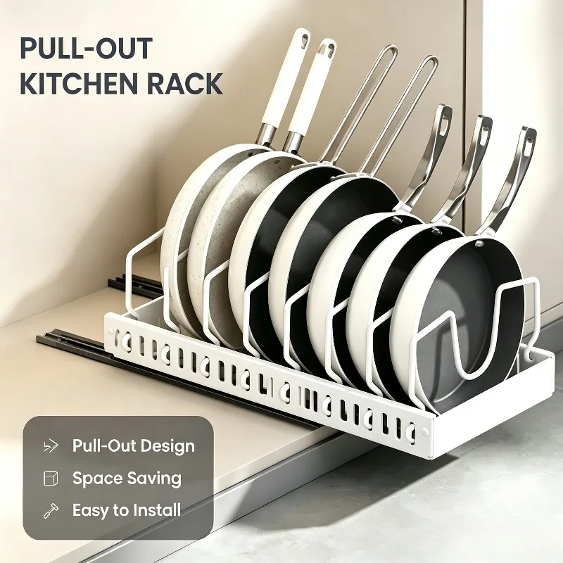 Pull Out Sliding Pan Organizer No Drill Kitchen Storage Rack Holder For Cookware Frying Pan Pot Lid Plate Cabinet Organizer