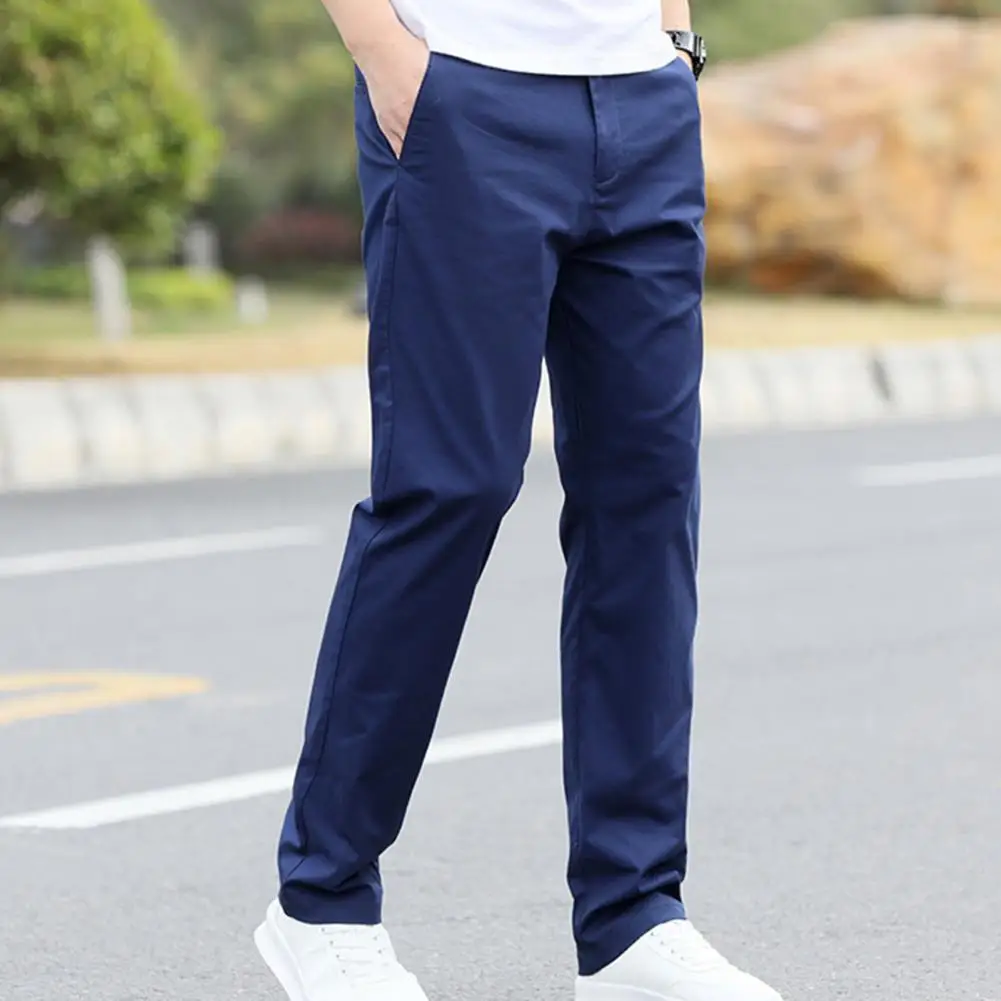 

Men Bottoms Versatile Men's Casual Pants Loose Fit Stretchy Straight Trousers for Daily Wear Solid Color Button-zipper Closure